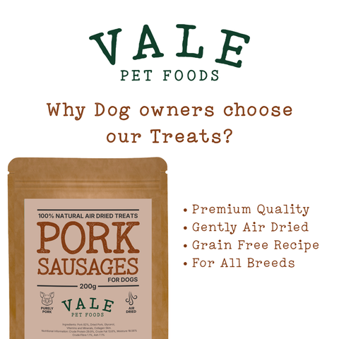 Vale Pet Foods | Pork Sausages | Air-Dried Natural Dog Treats (200g)